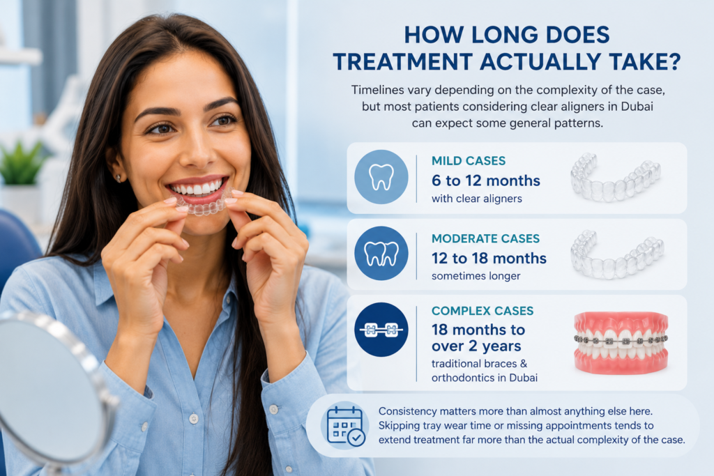 Clear aligner treatment timeline showing mild, moderate, and complex orthodontic cases in Dubai