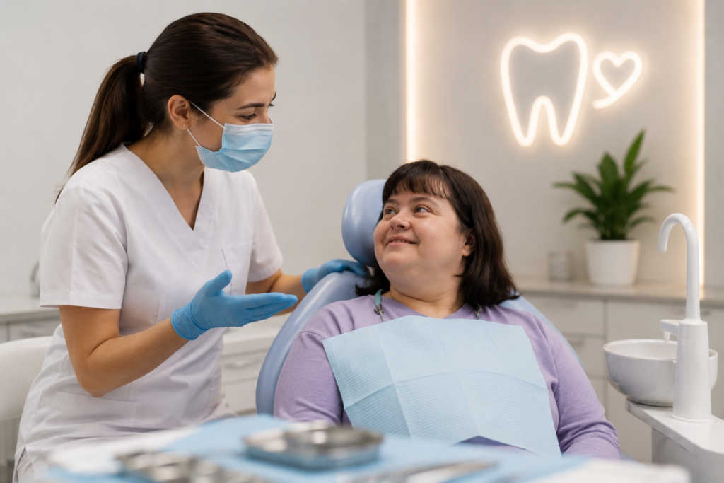 Dentist explaining treatment to an adult patient