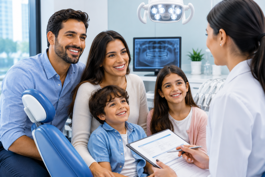 Family discussing dental treatment options with a dentist in a modern Dubai dental clinic