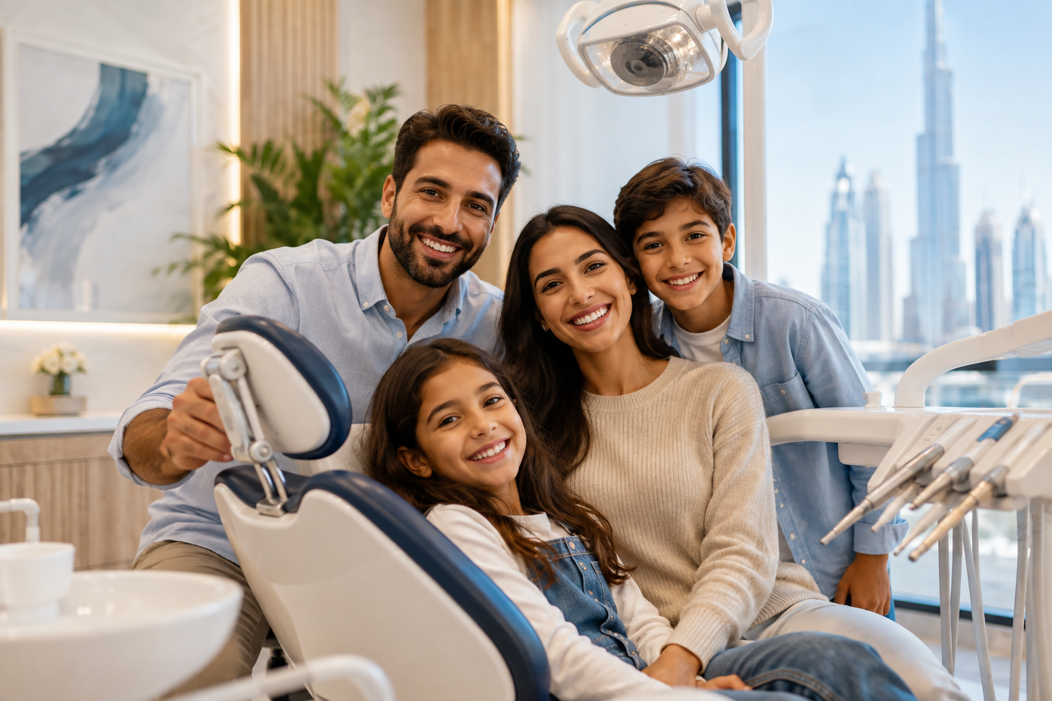 Happy family with children and dentist in a modern dental clinic in Dubai