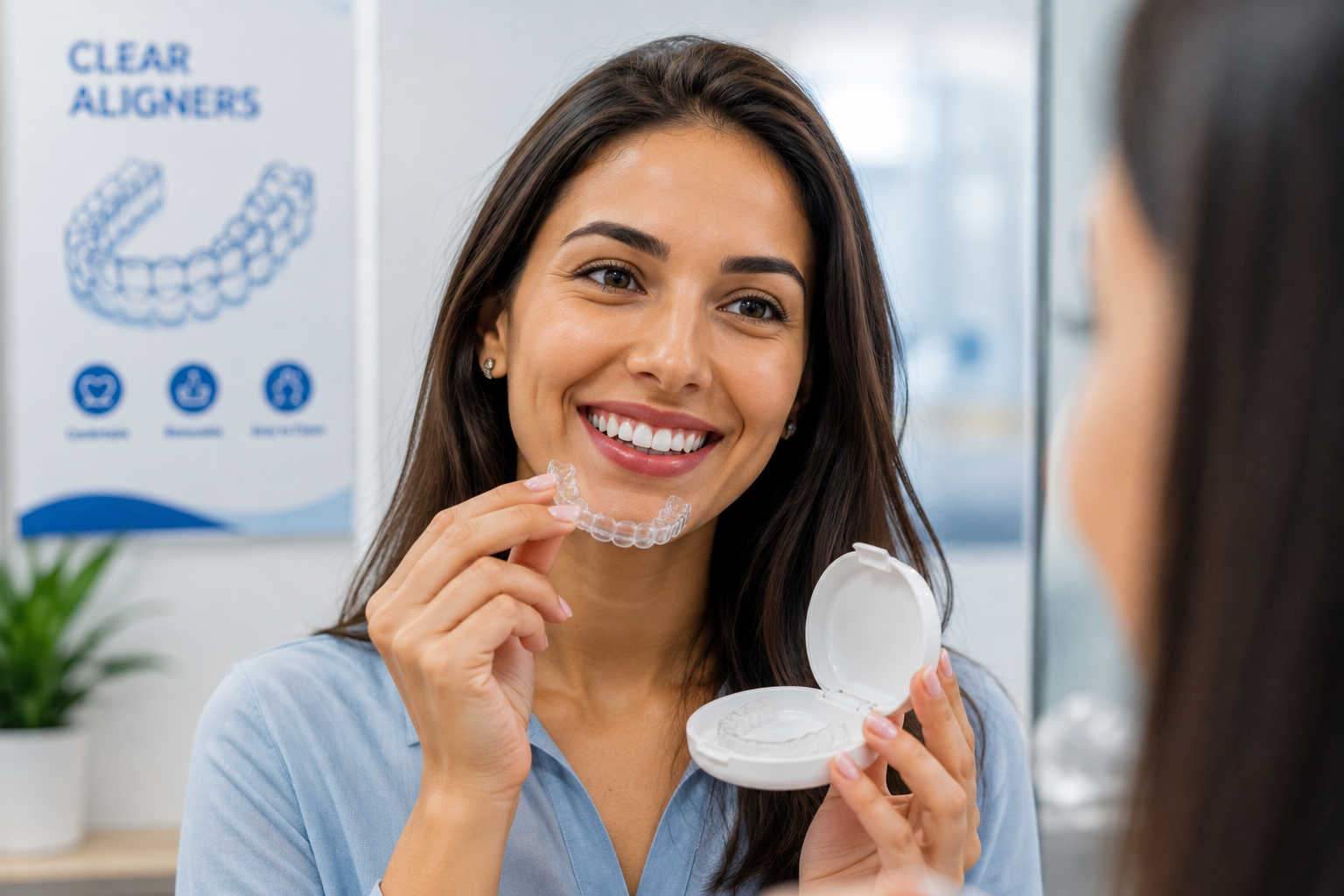 Woman holding a clear dental aligner and aligner case in a modern dental clinic
